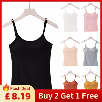 Womens Padded Cami Tank Vest Tops With Built In Bra Strappy Slim Camisole Blouse • £8.19