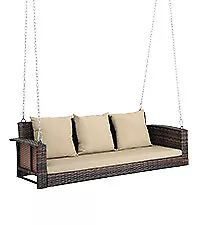 3-Person Outdoor Wicker Hanging Porch Swing With Cushions For Backyard Lawn • $135.99