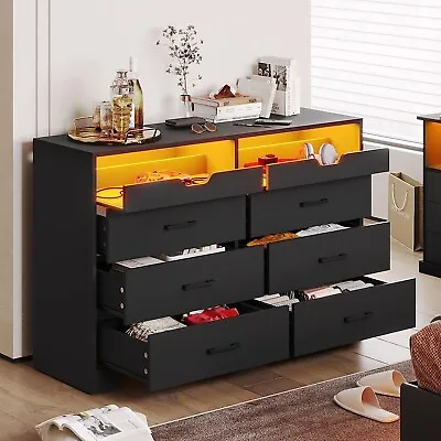 Double Dresser With LED Lights For Bedroom 6 Drawers Black Chest Of Drawers • $189.99