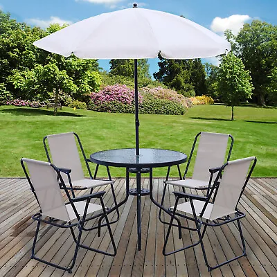 Garden Patio Furniture Set Outdoor 6PC Cream 4 Seat Round Table Chairs & Parasol • £99.99