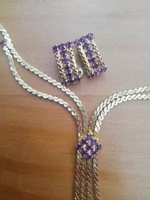 Ladies Gold Tone Lariat Necklace + Clip On Earrings With Purple Rhinestones • £3.30