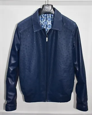 Men's Real Ostrich Quill Leather Genuine Lambskin Blue Exotic Skin Bomber Jacket • $995