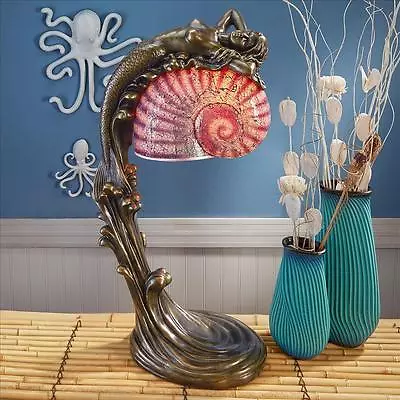 Mesmerizingly Mythic Mermaid Crackled Glass Nautilus Seashell Shade Table Lamp • $350.40