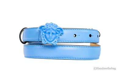 Versace DV Blue Smooth Leather Slim 20mm Width Adjustable Medusa Buckle Belt • $189