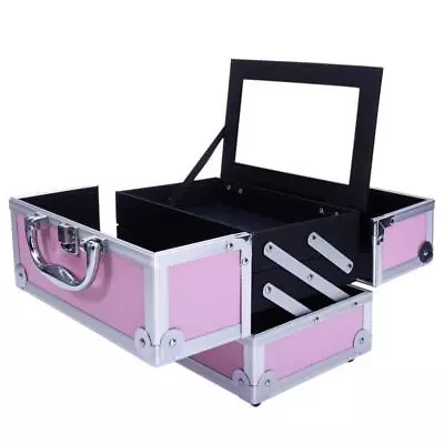 Makeup Case Aluminum Train Jewelry Lockable Box Organizer Bag Lockalbe Pink • $25.59