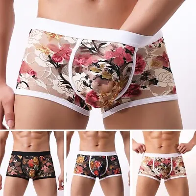 £4.09 • Buy Men Floral Underwear Male Sexy See-Through Panties Boxer Briefs Shorts Trunks