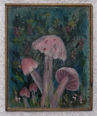 Vintage 70s Miniature Hand Painted Mushroom Wood Wall Plaque Hanging Painting • $22.95