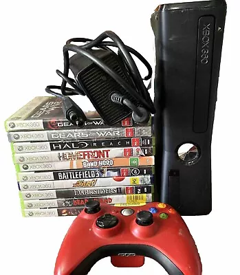 Microsoft Xbox 360 S Slim 250GB Console Bundle Lot Pal  Red Controller 10 Games. • $150