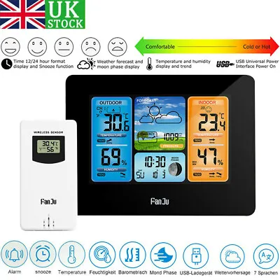Digital LCD Thermometer Indoor + Outdoor Weather Station Wireless Clock Calendar • £21.84