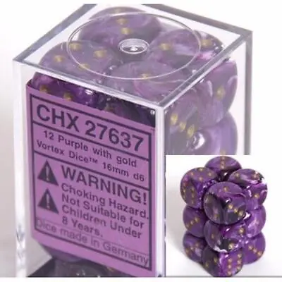 Chessex Dice D6 Set 16mm Vortex Purple W/ Gold 6 Sided Die 12 Sets CHX 27637 • $9.78