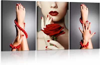 Kreative Arts 3 Piece Canvas Print Beauty Fashion Woman Portrait With Red Rose F • $119.98