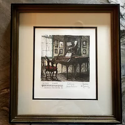 Vintage Mozart’s Famous Piano & Chair Aquatint Etching Signed Henry Goering • $125