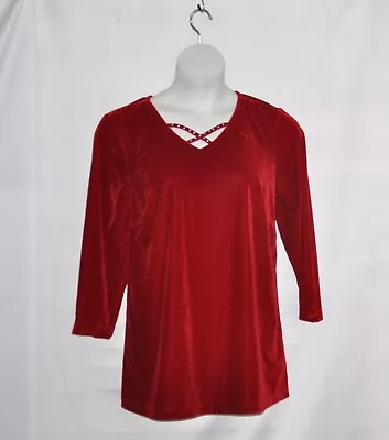 Quacker Factory Velour Bracelet Sleeve Tunic W/Lattice Detail Size S Ruby Red • $16.79