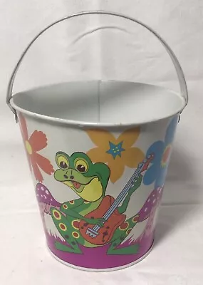 Vintage OHIO ART Tin Litho Sand Pail Bucket W Musical Frogs Flowers & Mushrooms • $29.95