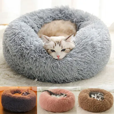 Dog Bed Donut Soft Round Plush Cat Beds For Calming Pet Anti Anxiety Washable • £27.53