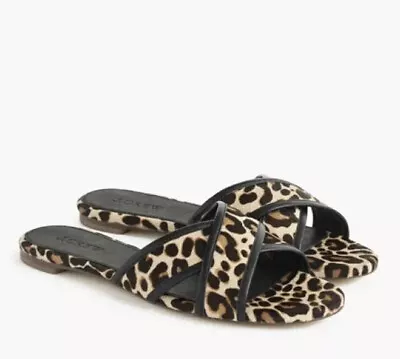 J Crew Leopard Print Sandals Slides Women 8.5 H8778 Shoes Calf Hair Criss Cross • $34.99