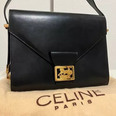 Vintage Old Celine Leather Handbag Shoulder Bag Black Carriage Hardware • $328