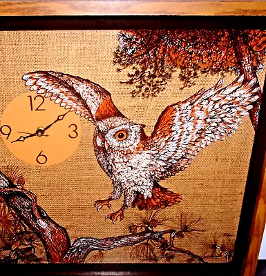 ELGIN OWL Wall Clock Painted Glass Wood Framed MCM Burlap Shadowbox WORKS • $75