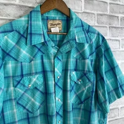 Wrangler Western Shirt Mens 2XL Teal Plaid Pearl Snap Lightweight Polyester Blen • $13.49