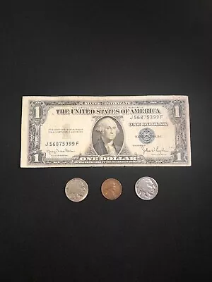 1935 D Silver Certificate Dollar Bill 1935 Wheat Penny 2 1935 Buffalo Nickels  • $1.11