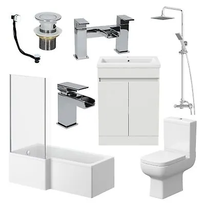 Bathroom Suite Complete LH 1700mm Bath Single Ended Basin Sink Taps Toilet WC • £799.97