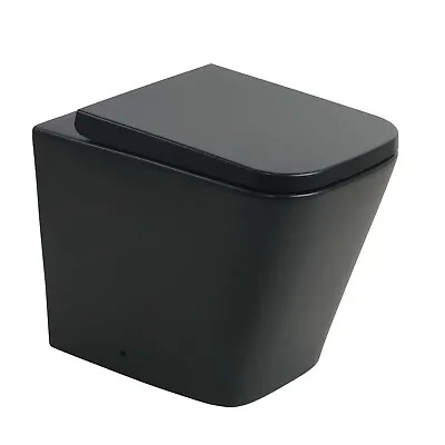 Black Square Back To Wall BTW Toilet Ceramic WC Pan Soft Close Seat Space Saving • £264.99