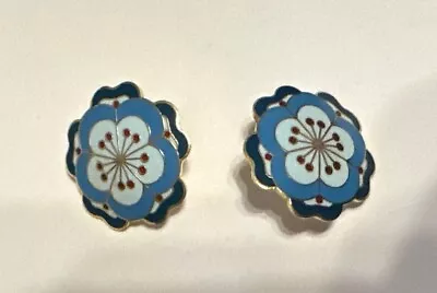 VTG MMA Blue Enamel And Cloisonne Flower Earrings - For Pierced Ears - Free Ship • $10.49