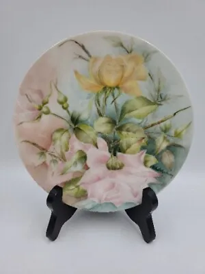 Vtg Limoges France Cabinet Plate Hand Painted Pink Yellow Roses Artist Signed  • £31.99