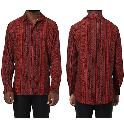 Mens PREMIERE Long Sleeve Button Down Dress Shirt RED BLACK GEOMETRIC DESIGN 764 • $39.99