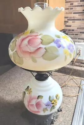 Vintage Hand Painted Hurricane Parlor Lamp Floral Roses Milk Glass Chimney Flowe • $79.99