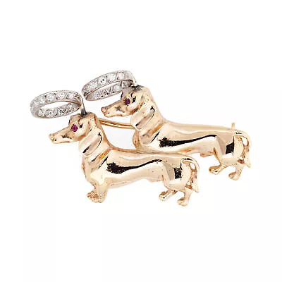 Double Dachshund Dog Pendant Angel Halo Vintage 14k Gold Diamond Animal Jewelry  • $2485