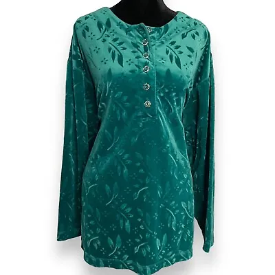 Jaclyn Smith Velvety Blouse Top Women's Large Green Holiday Jacquard Floral VTG • £18.20