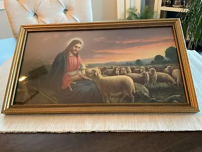 Vintage Jesus Shepherd W/ Lamb Framed Picture Lithograph Beautiful 16 X 9.75 • $70