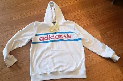 ADIDAS White Blue Redish Yellow Drawstring Trefoil Hoodie Sz: L • $24.99