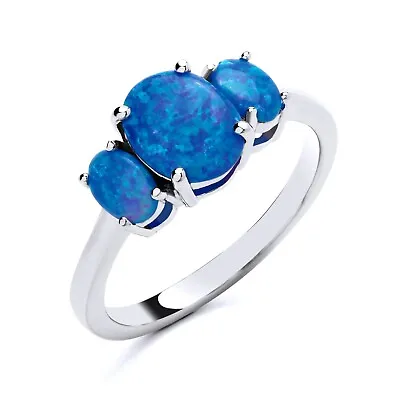 925 Sterling Silver Blue Opal Ladies Trilogy Three Stone Ring Size J To S • £14.95