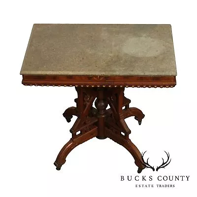 Antique Victorian Eastlake Walnut Marble Top Parlor Table • $1295