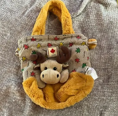 Burlap Plush Moose Bag Purse Pull String Canada Childrens Stuffed Toy Maple Leaf • $19.99