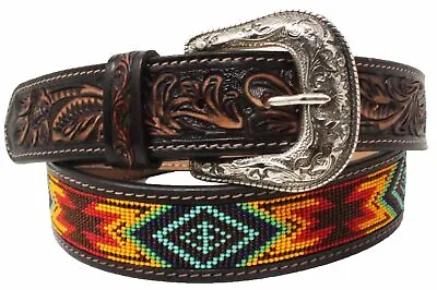 Western Antique Floral Tooled Beaded Full-Grain Leather Belt 26FK30 • $67.99