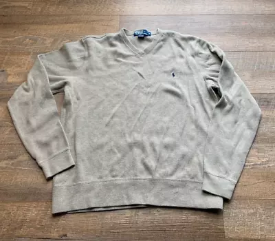 Polo Ralph Lauren Sweater Mens Medium V-Neck Tan Cotton Knit Casual Pony • $19