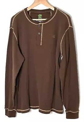 Timberland Mens T Shirt Pullover Thermal Henley Size XL Brown Cotton Long Sleeve • $21.88