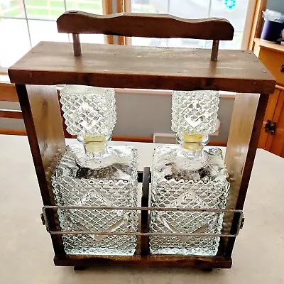 Vtg Wood Tantalus W/ 2 Diamond Cut Glass Liquor Decanters • $49.99