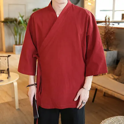 Mens Ethnic Shirt 3/4 Sleeve Cardigan Hanfu Top Lace Up Blouse Tee Vintage Party • £24.01