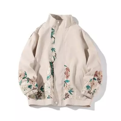 Mens Stand Collar Cotton Jacket Embroidery Floral Single Breasted Casual Loose • $42.50