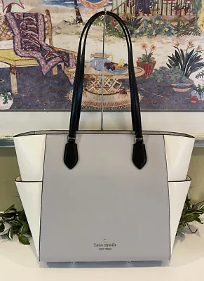 Kate Spade Madison Laptop Tote Shoulder Bag Carryal Grey Off White Leather Purse • $266.64