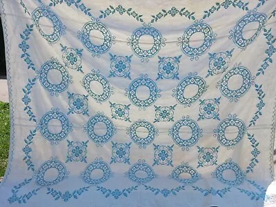 Antique Quilt Coverlet Bedspread Embroidered White & Blue 90×77  DAMAGED  • $50