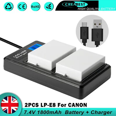 2× LP-E8 Battery & LCD Charger For Canon EOS 700D 600D 550D Rebel T3i Kiss X4 X5 • £23.91