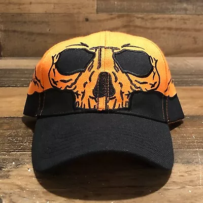 VTG Skull Hat Strapback Baseball Cap Mens Orange Black Biker Motorcylces - READ • $34.88