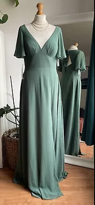 Azazie Kimber A Line Flounce Sleeve Chiffon Floor Length Dress Eucalyptus 14 • £50