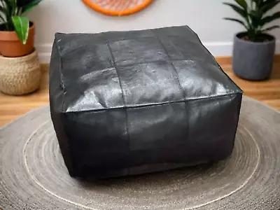 Moroccan Leather Ottoman Black Pouffe Footstool Unstuffed Boho Genuine New 30'' • $165