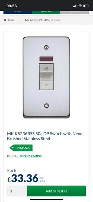 £5 • Buy MK K5236BSS 50a DP Cooker Switch With Neon Brushed Stainless Steel